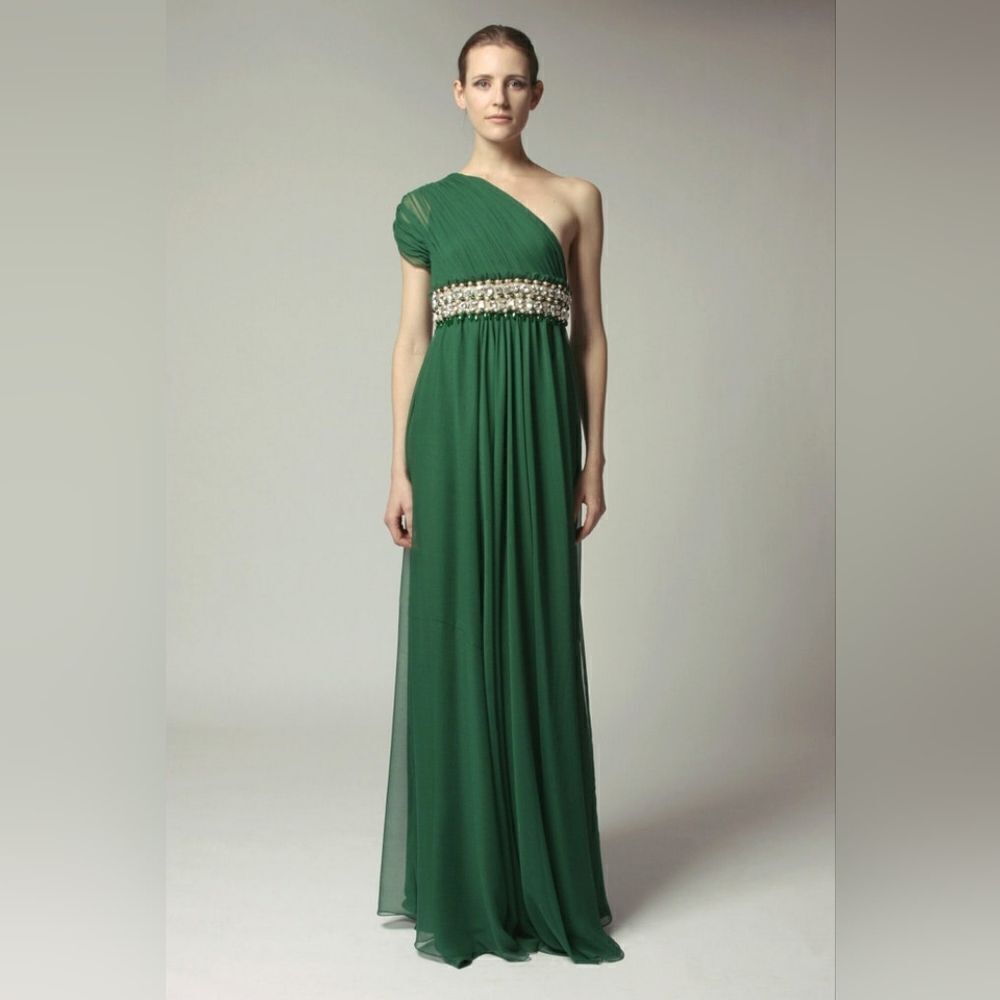 Naeem Khan Silk One Shoulder Crystal Waist Evening Gown in Emerald Green…